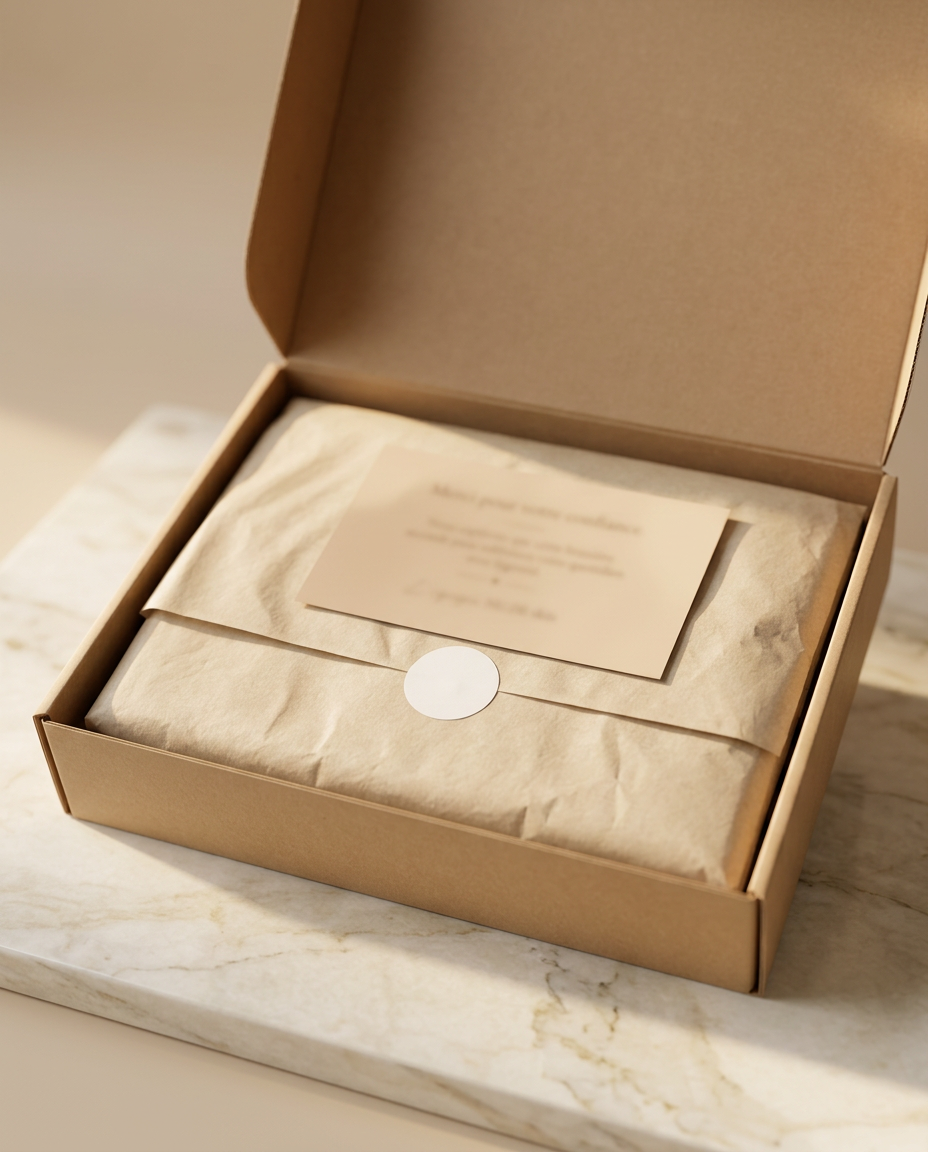 Écrin en carton brut, papier de soie et carte d'attention NU.DE skin